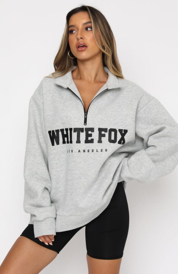 White Fox Zip Front Sweater Grey Marle