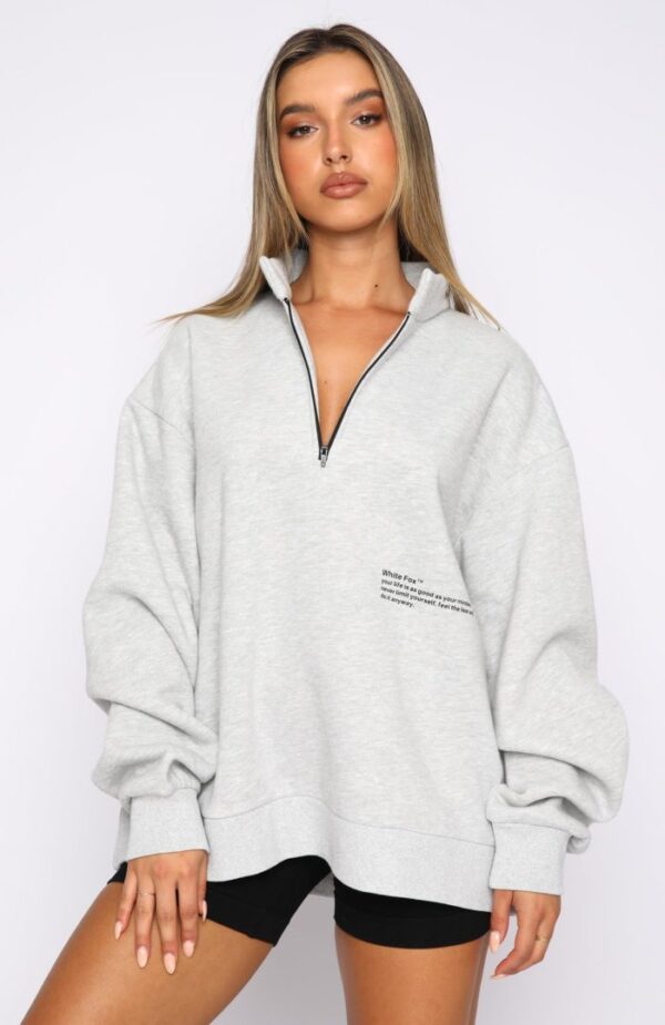 White Fox Zip Front Sweatshirt Grey Marle